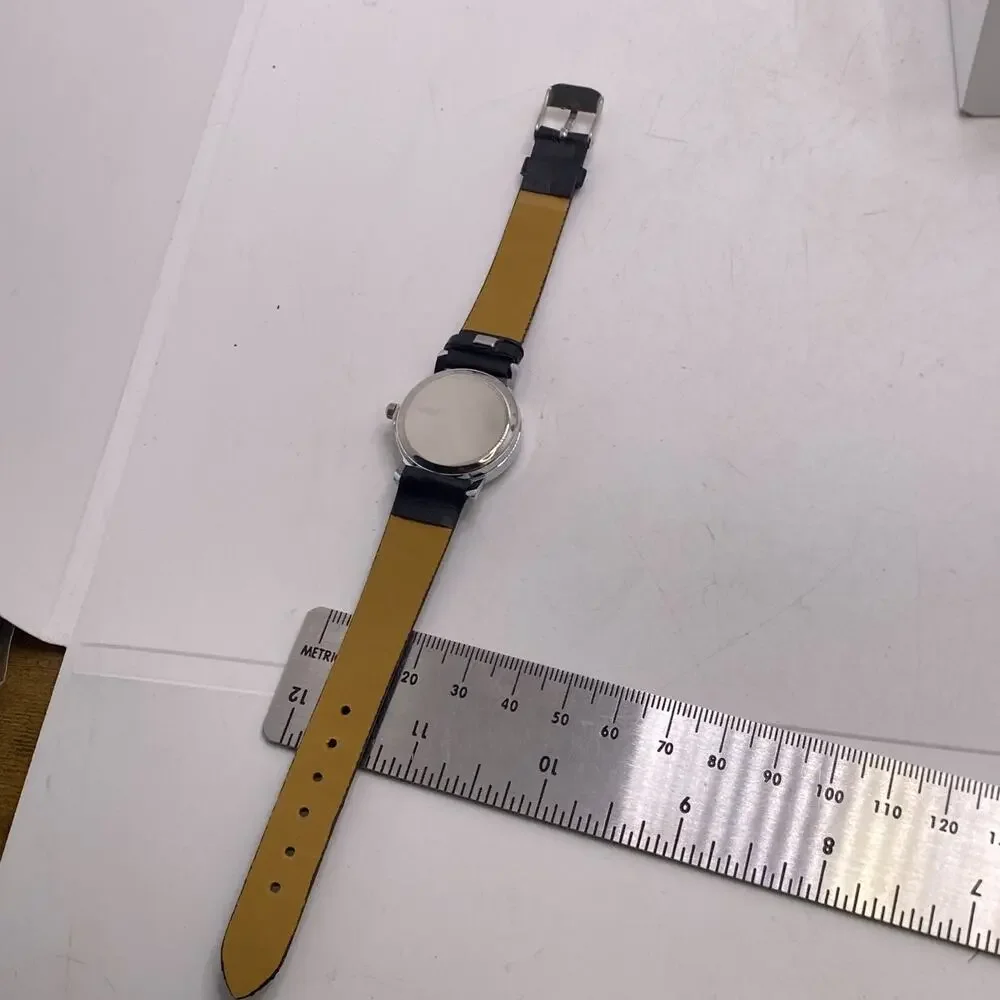 Cary Womens Silver Tone Black Leather Watch Works New Battery